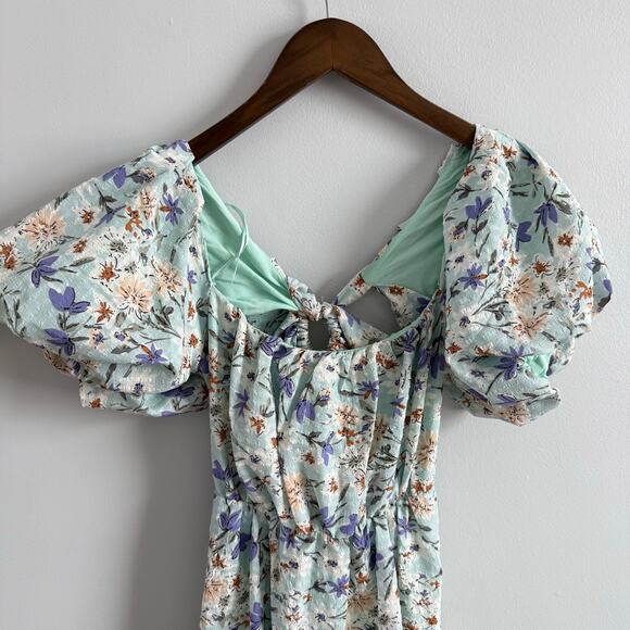 ASTR THE LABEL | Women’s Puff Sleeve Floral Cotton Midi Dress Bubble Blue Spring - Picture 5 of 12